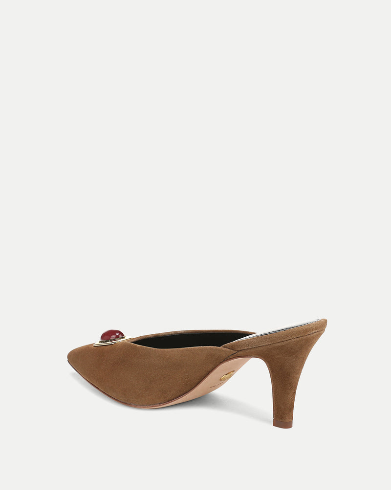 Veronica Beard Brown suede mule with red jewel embellishment.