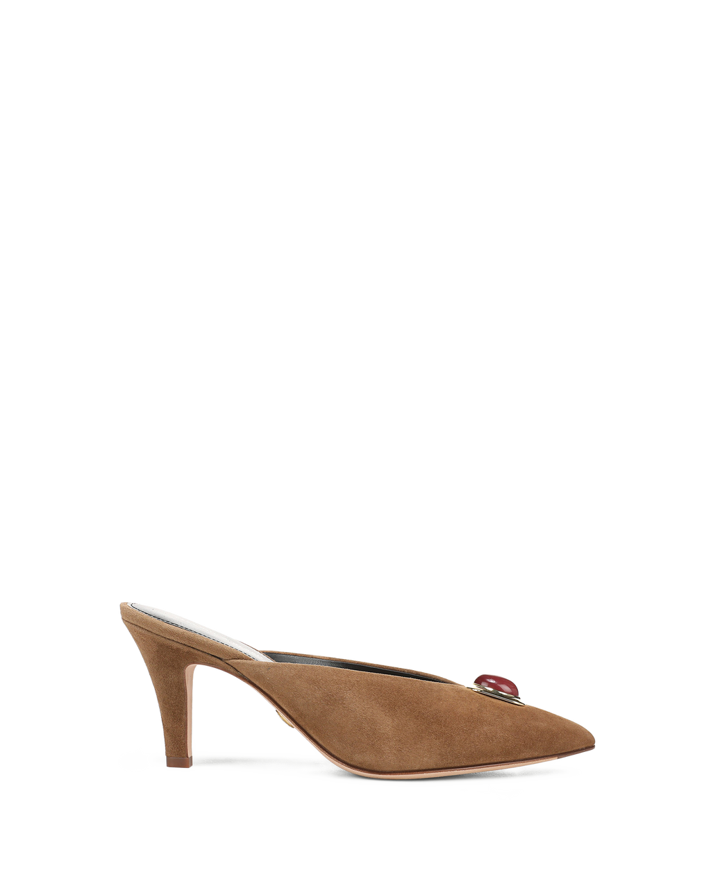 Veronica Beard Brown suede mule with red jewel embellishment.