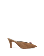 Veronica Beard Brown suede mule with red jewel embellishment.