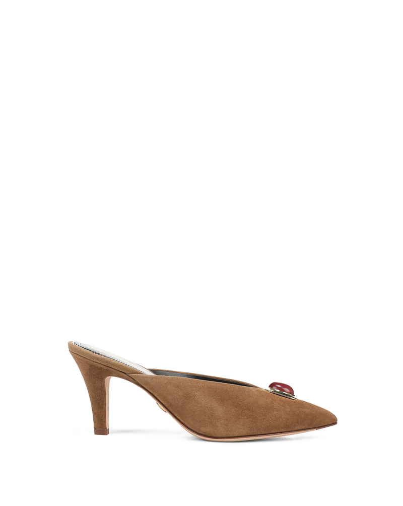 Veronica Beard Brown suede mule with red jewel embellishment.