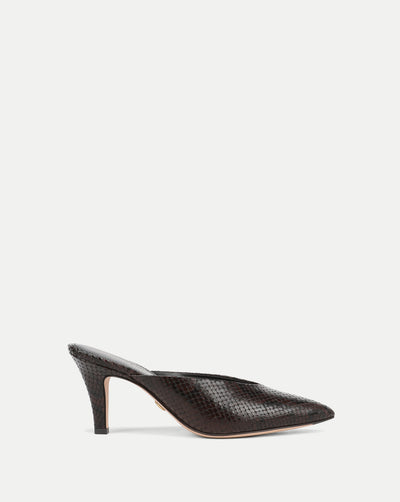 Veronica Beard Brown snakeskin mule with pointed toe and stiletto heel.