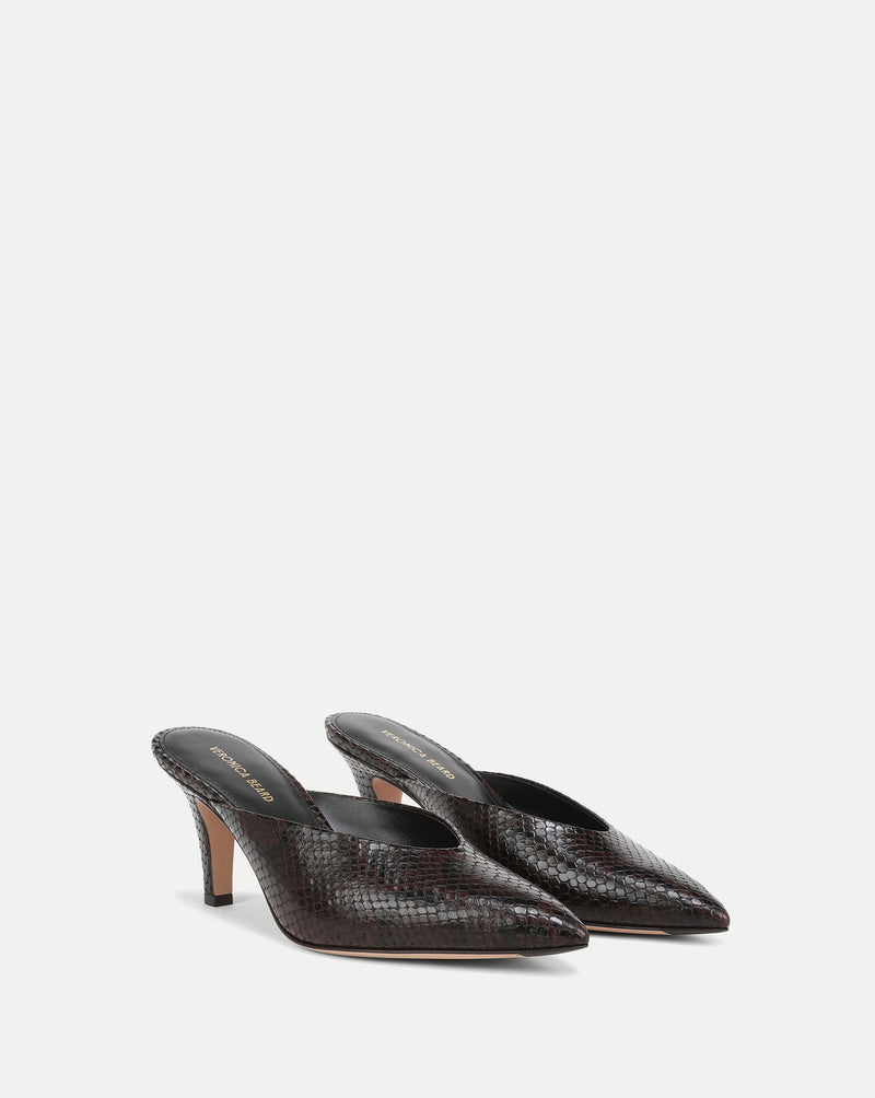 Veronica Beard Brown snakeskin leather pointed-toe mules with stiletto heels.