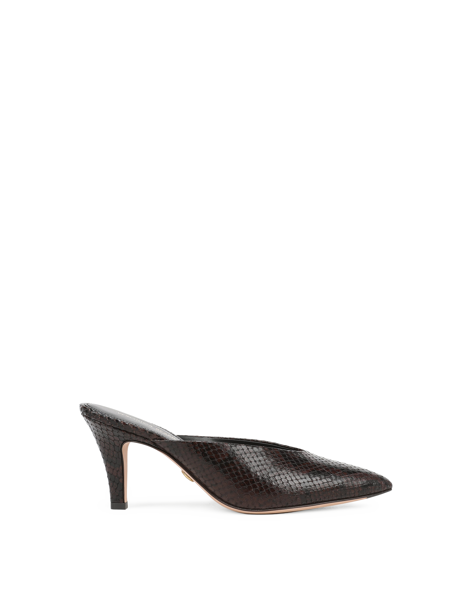 Veronica Beard Brown snakeskin mule with a pointed toe and stiletto heel.