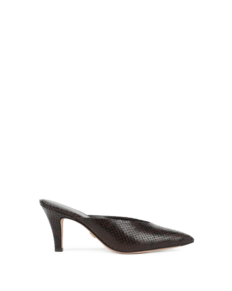Veronica Beard Brown snakeskin mule with a pointed toe and stiletto heel.
