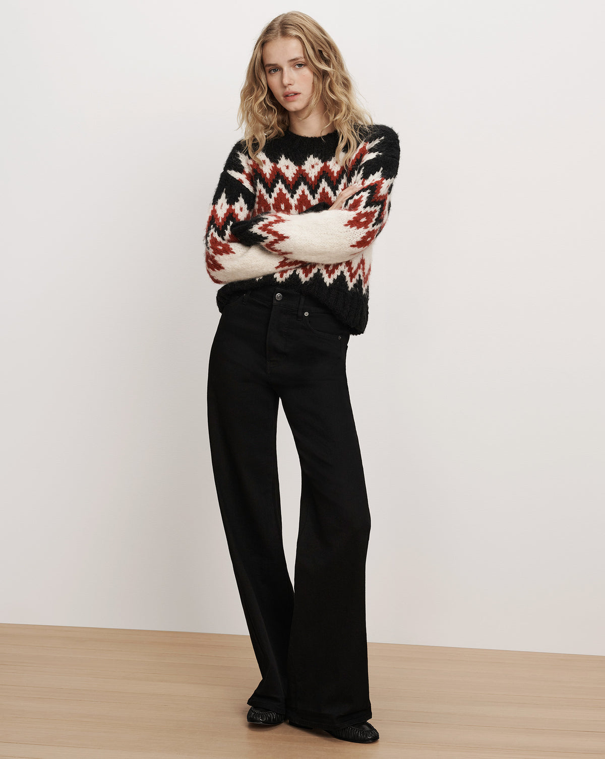 Veronica Beard Black and white patterned fuzzy knit sweater.