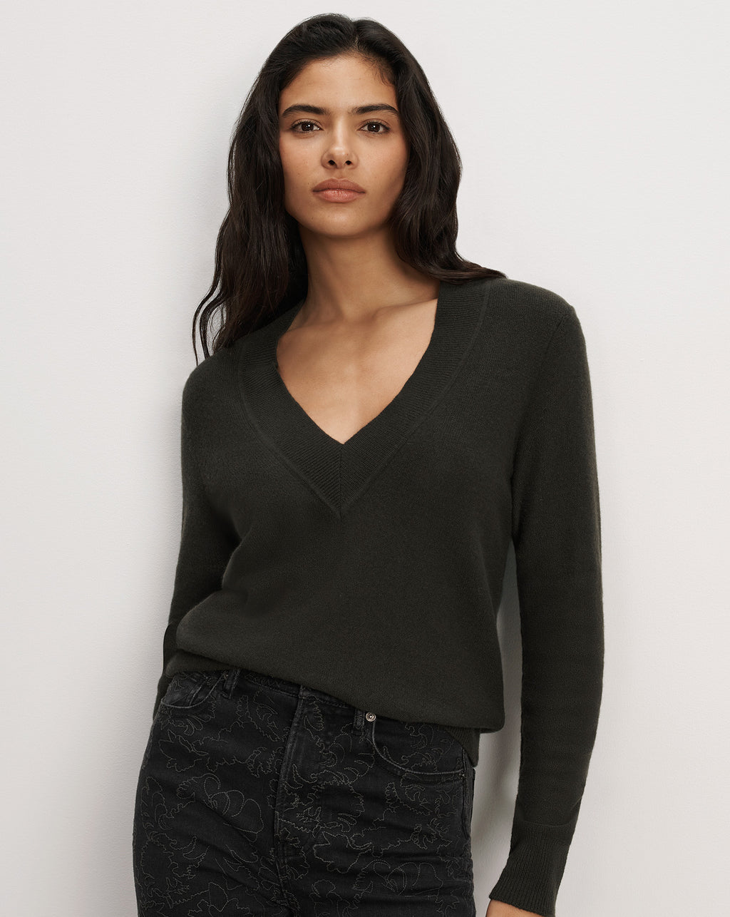Veronica Beard Dark green V-neck sweater in soft knit.