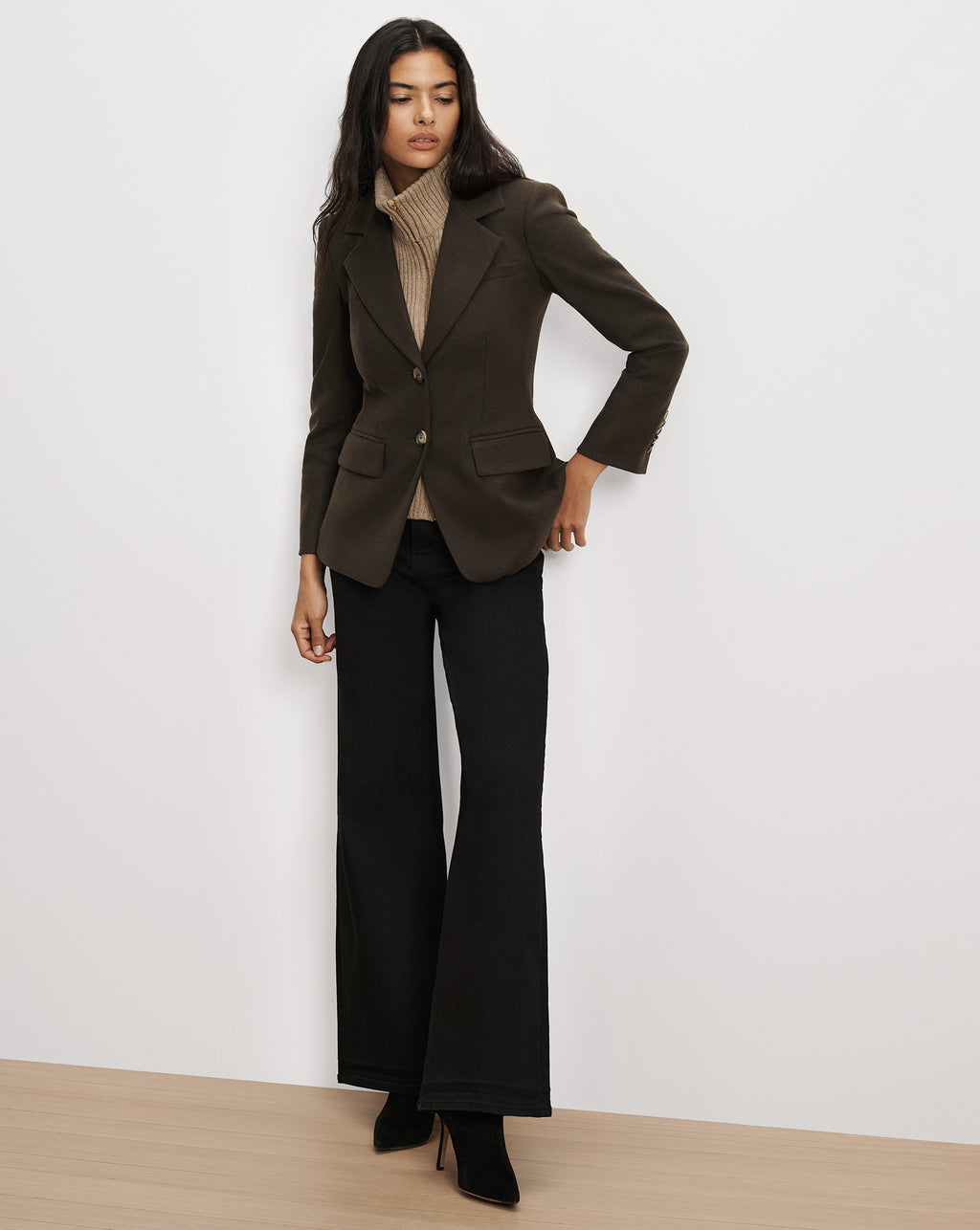Veronica Beard Olive green wool fitted blazer, brown turtleneck.