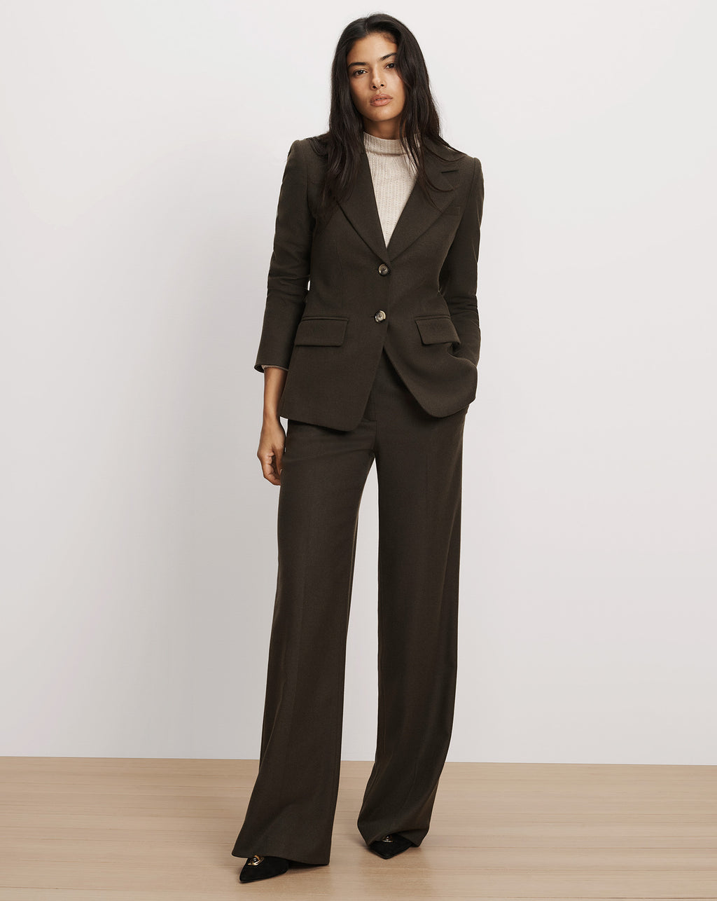 Veronica Beard Dark brown wool suit with fitted blazer.
