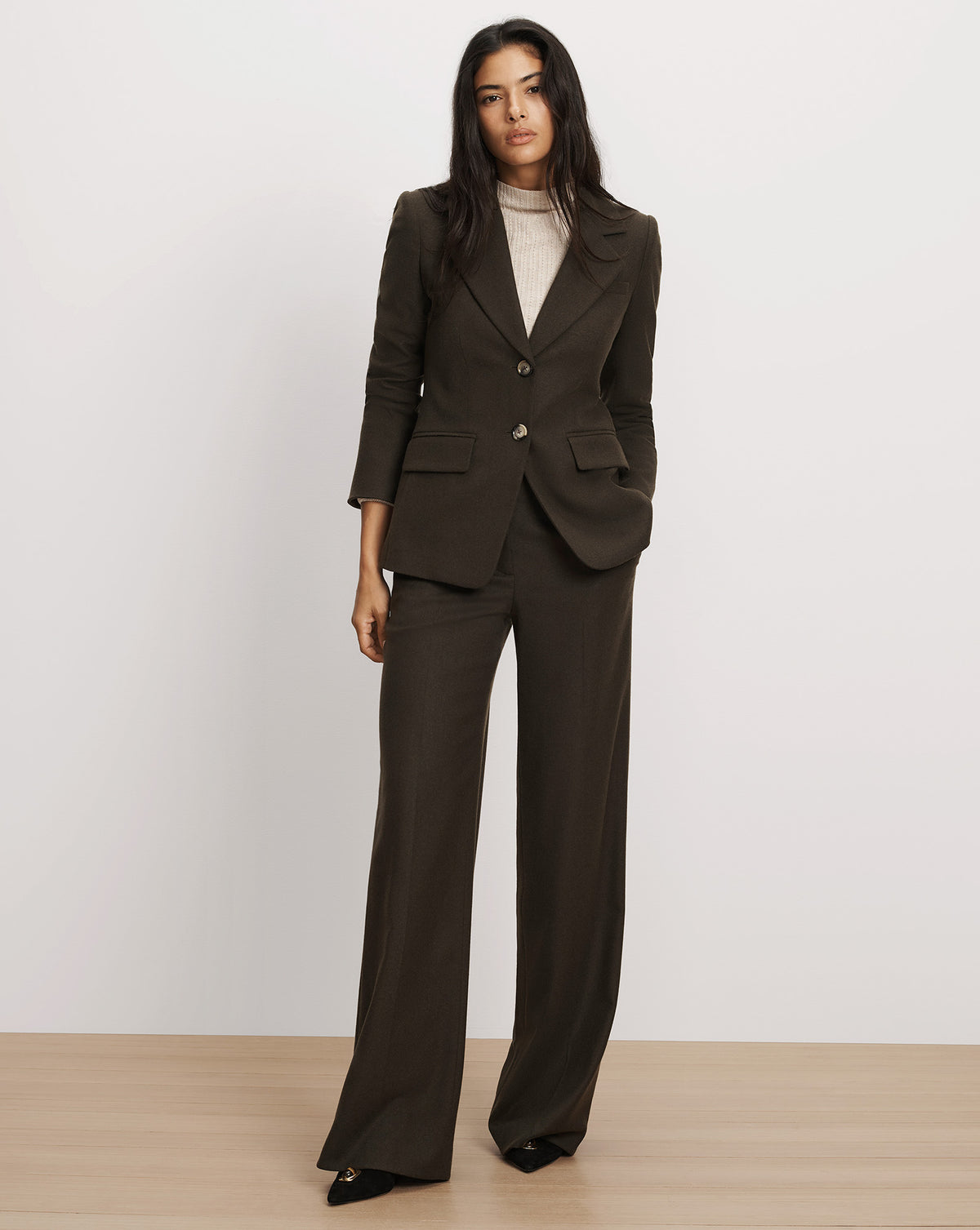 Veronica Beard Dark brown wool suit with fitted blazer.