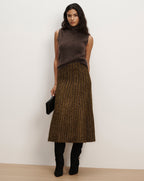 Veronica Beard Brown sleeveless turtleneck top and textured skirt.
