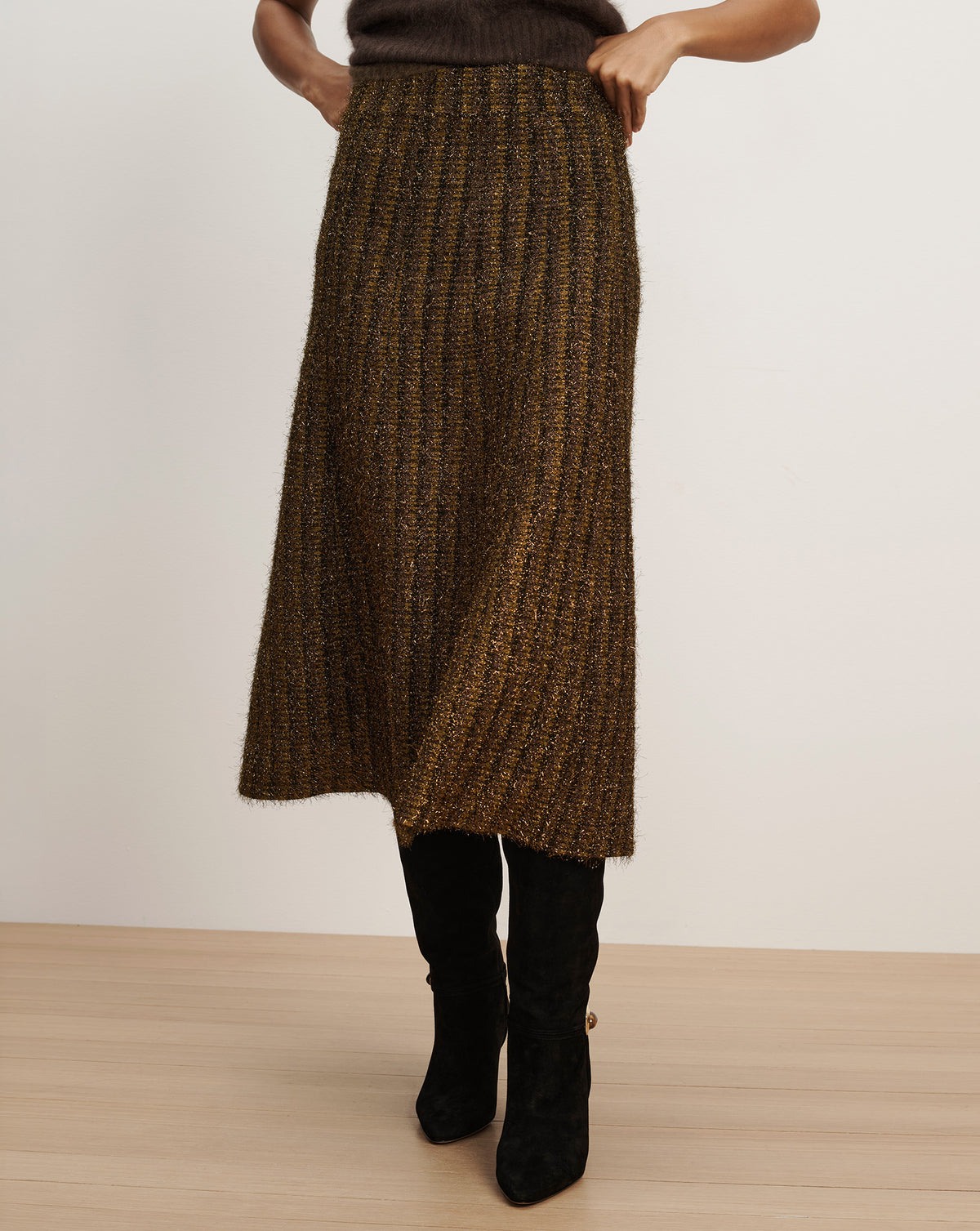 Veronica Beard Bronze metallic ribbed knit midi skirt.