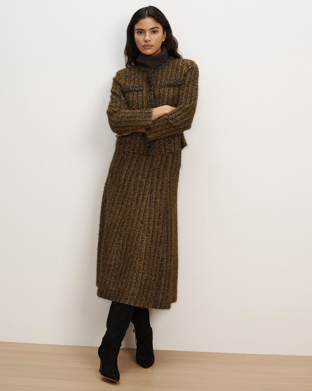 Veronica Beard Brown tweed jacket and midi skirt set.