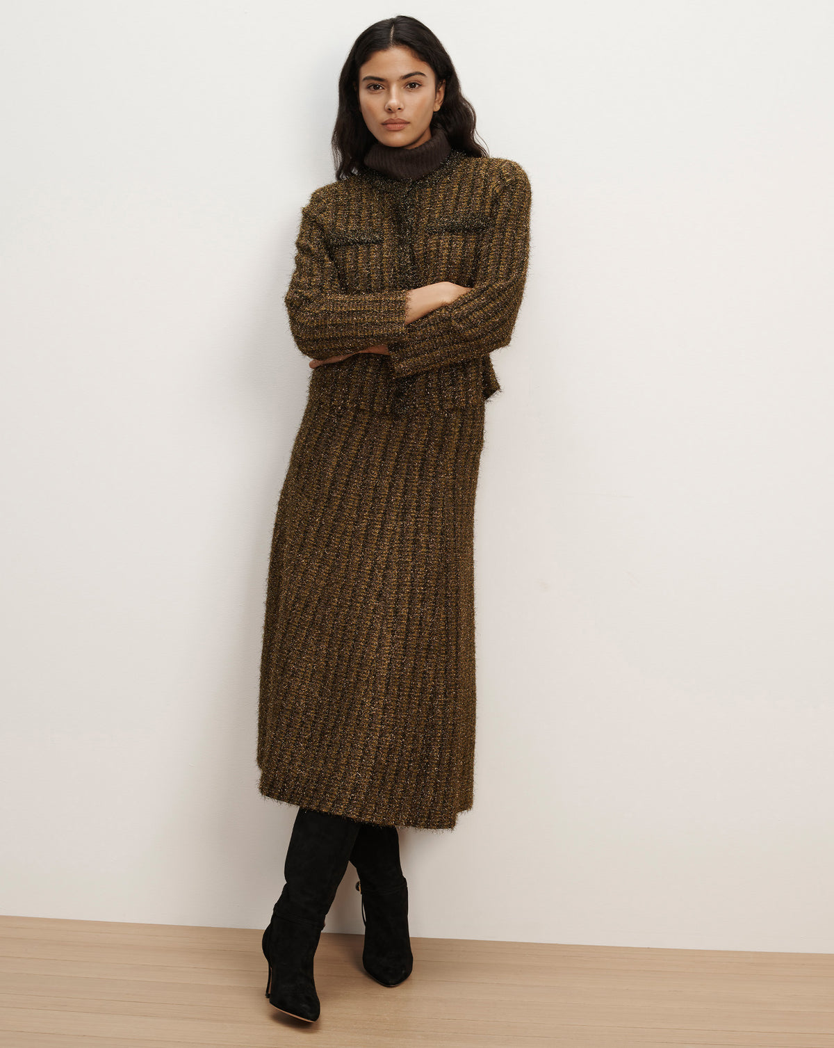 Veronica Beard Brown tweed jacket and midi skirt set.