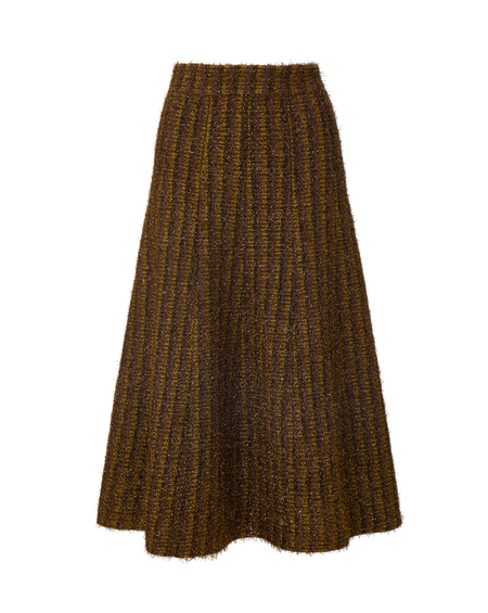 Veronica Beard Brown sleeveless turtleneck top and textured skirt.