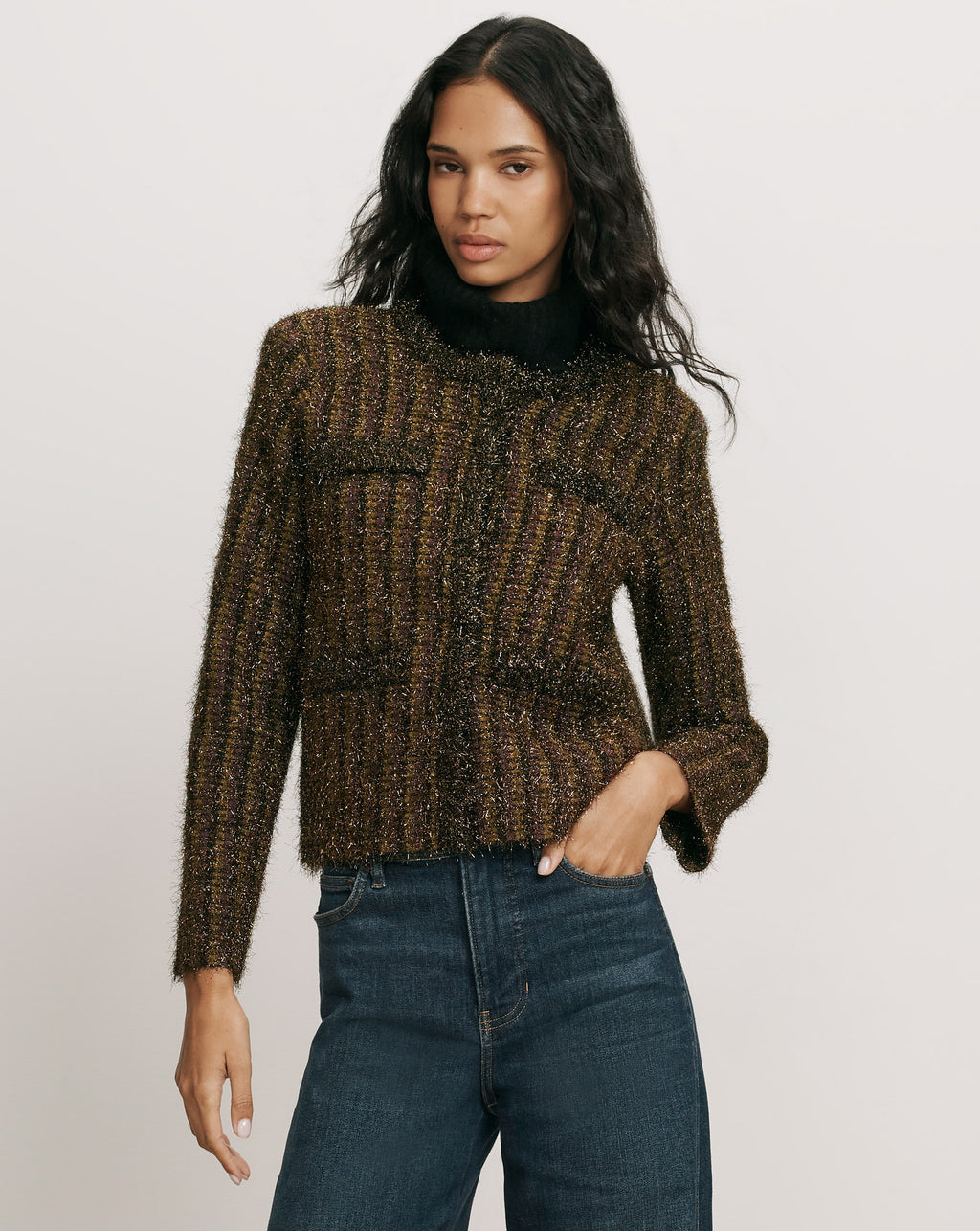 Veronica Beard Metallic brown textured tweed cropped jacket.
