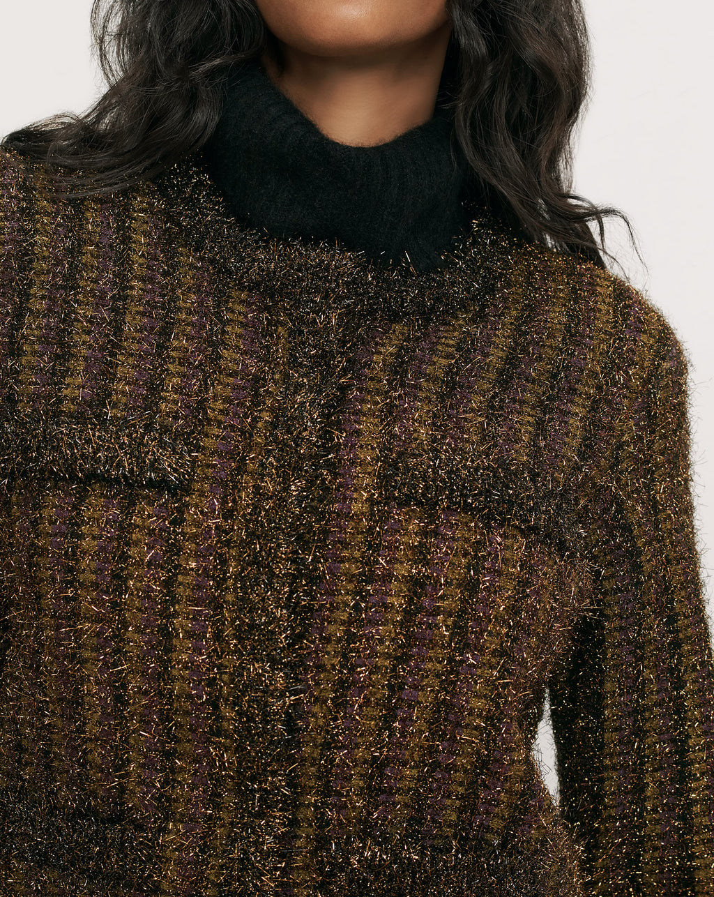 Veronica Beard Metallic tweed jacket in bronze, black, and purple.