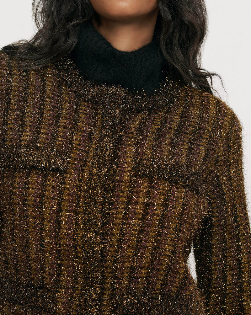 Veronica Beard Metallic tweed jacket in bronze, black, and purple.