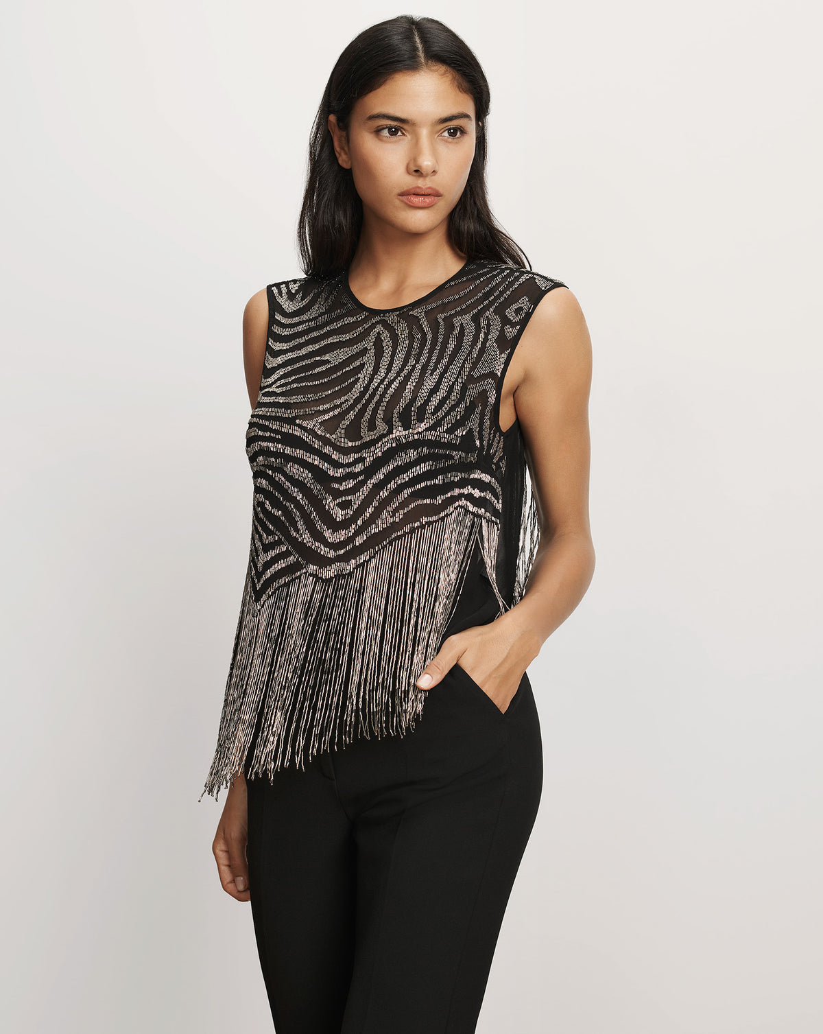 Veronica Beard Black beaded fringe sleeveless top.