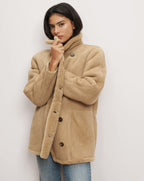 Veronica Beard Beige shearling coat with oversized buttons and pockets.