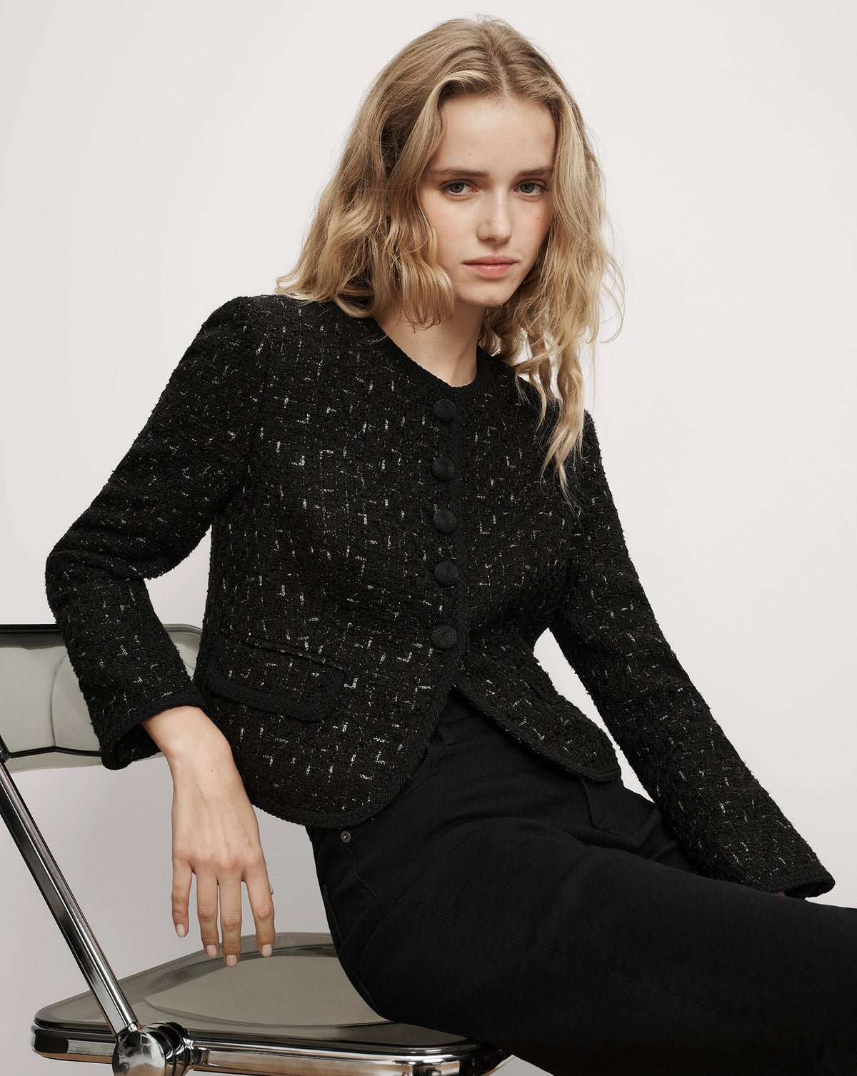 Veronica Beard Black tweed button-front jacket.