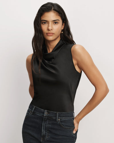 Veronica Beard Sleeveless black silk cowl neck top.