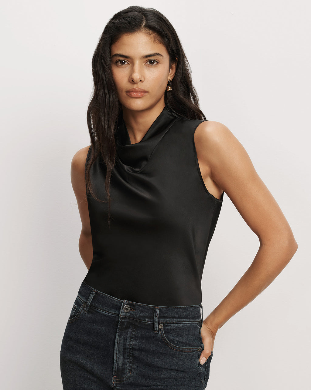 Veronica Beard Sleeveless black silk cowl neck top.