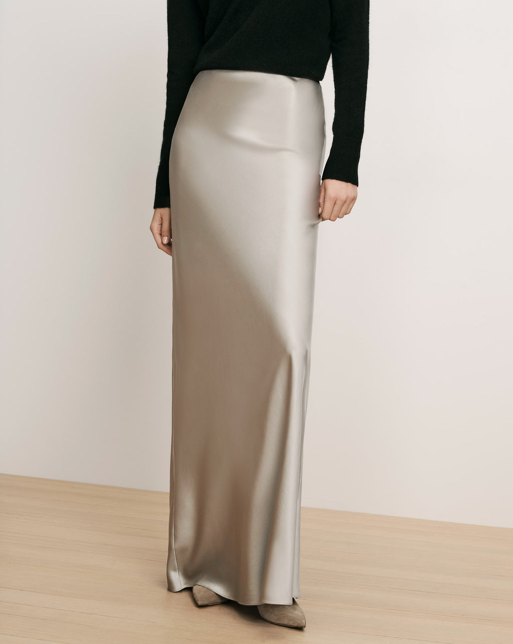 Veronica Beard Silver satin maxi skirt, straight silhouette.