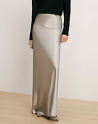 Veronica Beard Silver satin maxi skirt, straight silhouette.