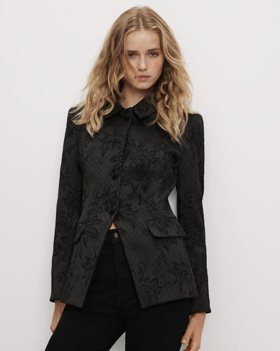 Veronica Beard Black floral jacquard fitted button-up blazer.
