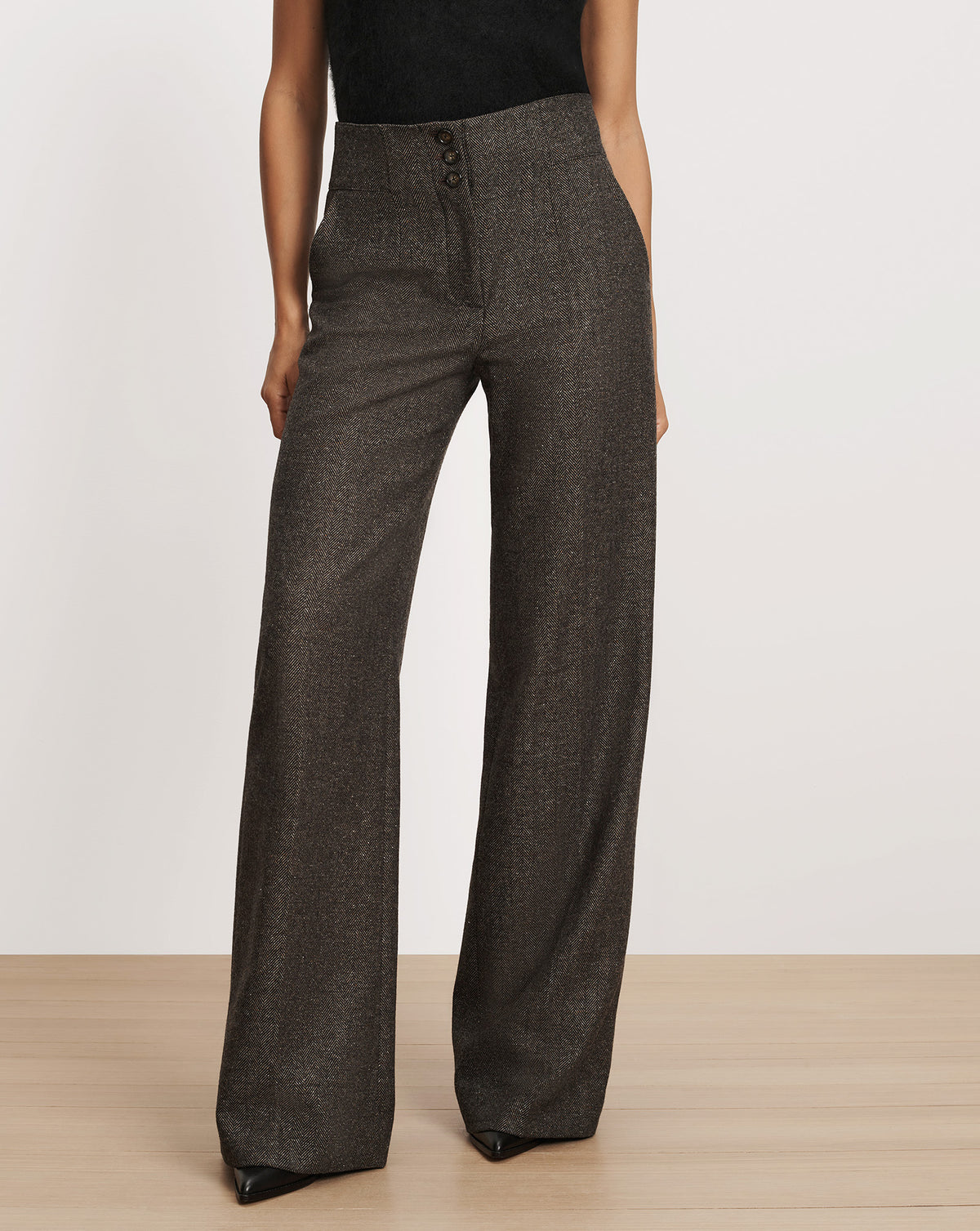 Veronica Beard Dark grey tweed high-waist wide-leg pants.