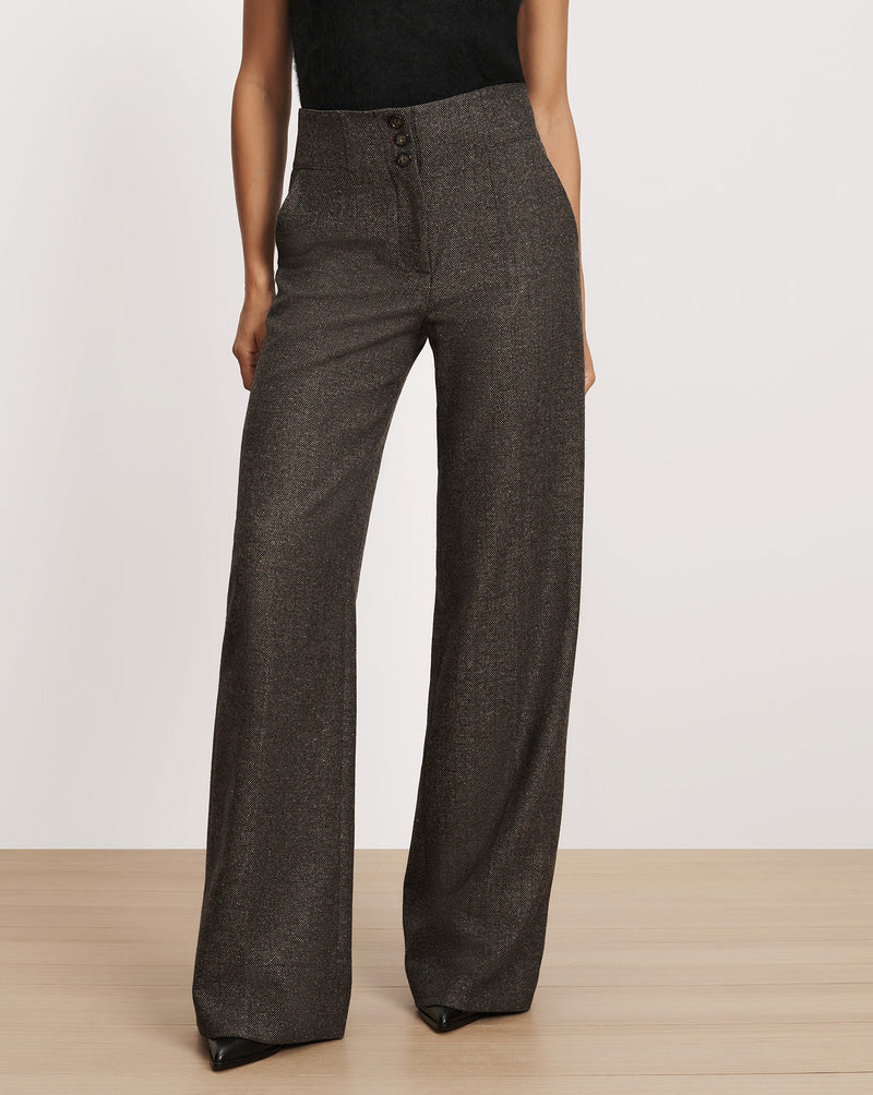 Veronica Beard Dark grey tweed high-waist wide-leg pants.