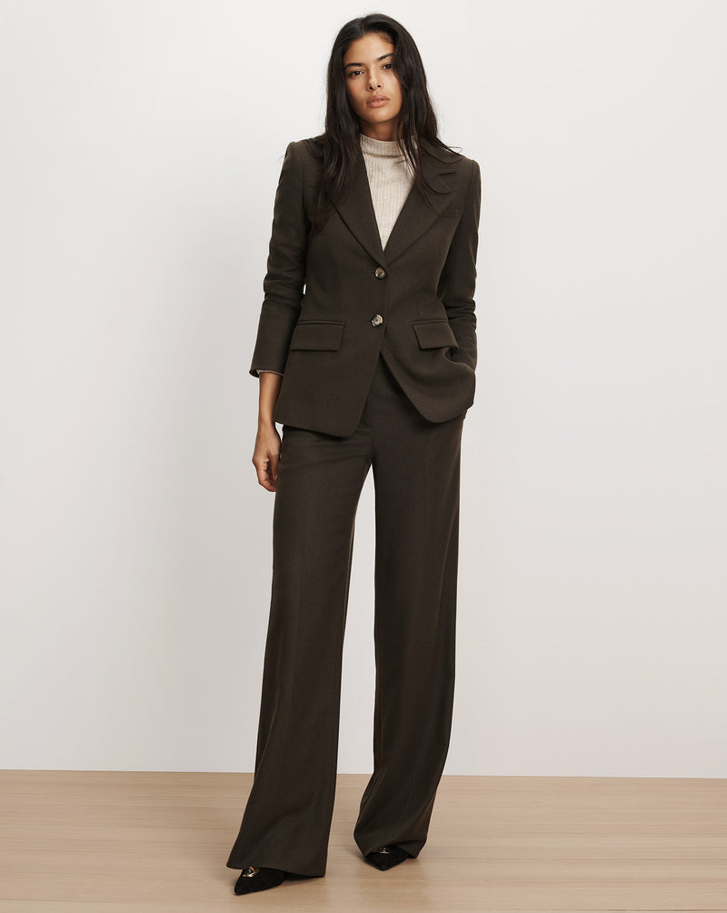 Veronica Beard Dark brown wool trouser suit with tailored blazer.