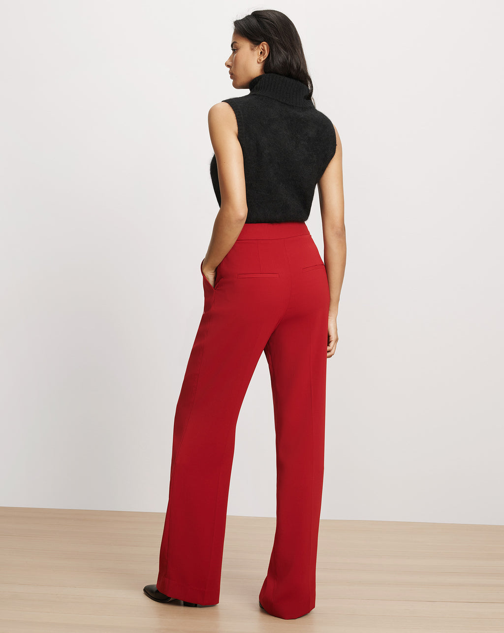 Veronica Beard Red high-waisted wide-leg trousers.