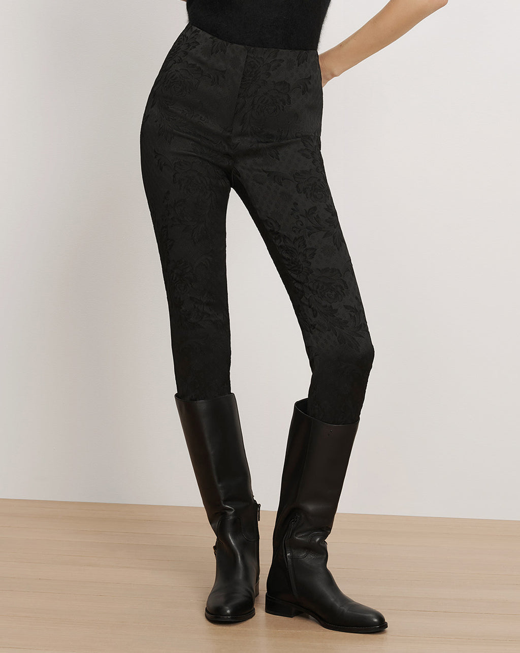 Veronica Beard Black floral brocade skinny trousers.