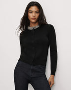 Veronica Beard Black button-up cardigan with jeweled collar.