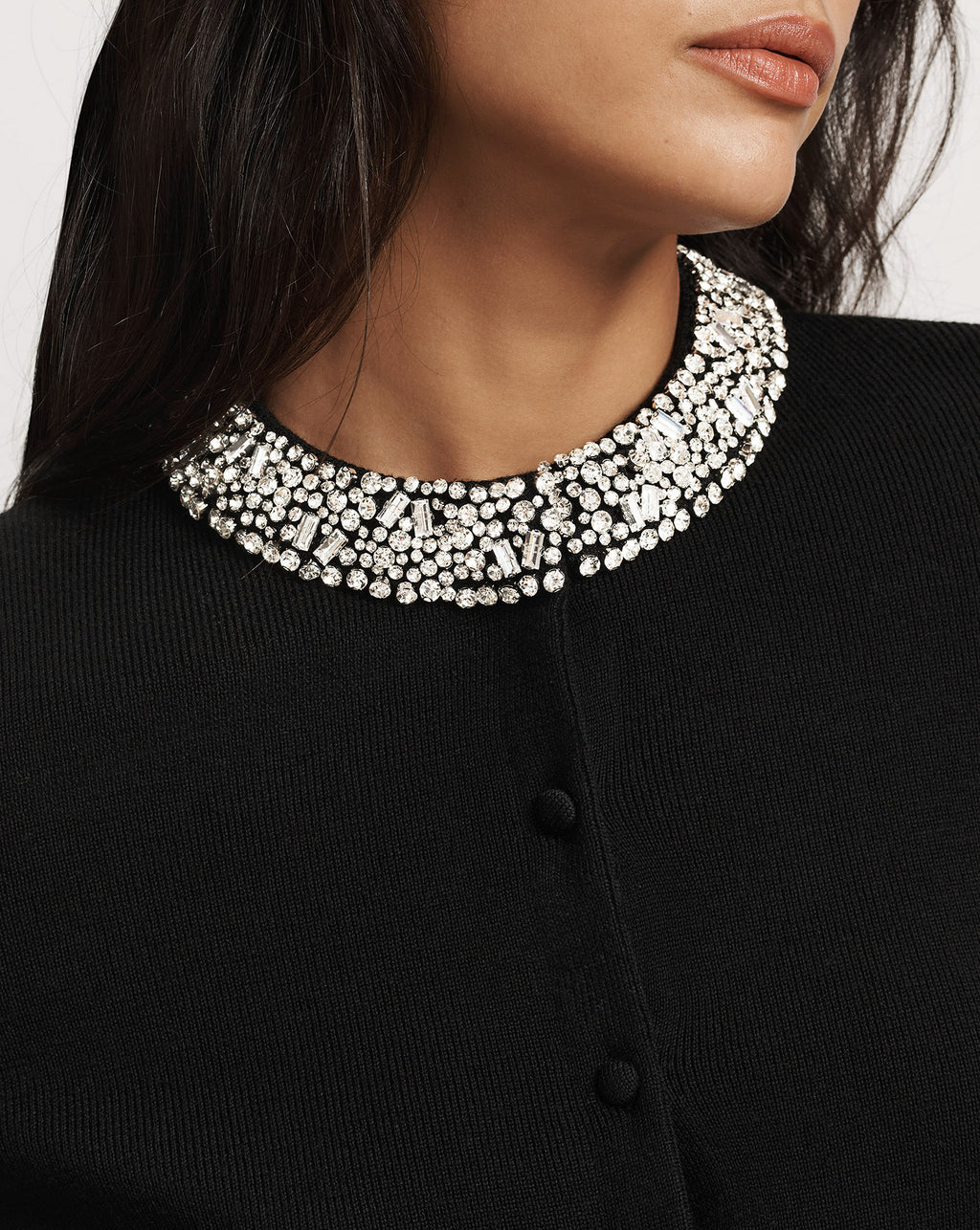 Veronica Beard Black cardigan with embellished crystal rhinestone collar.