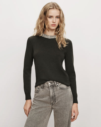 Veronica Beard Dark green sweater with crystal embellished neckline.