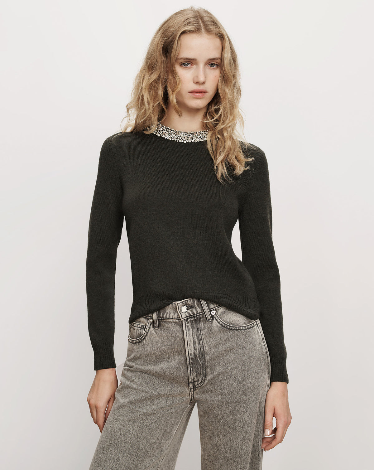Veronica Beard Dark green sweater with crystal embellished neckline.