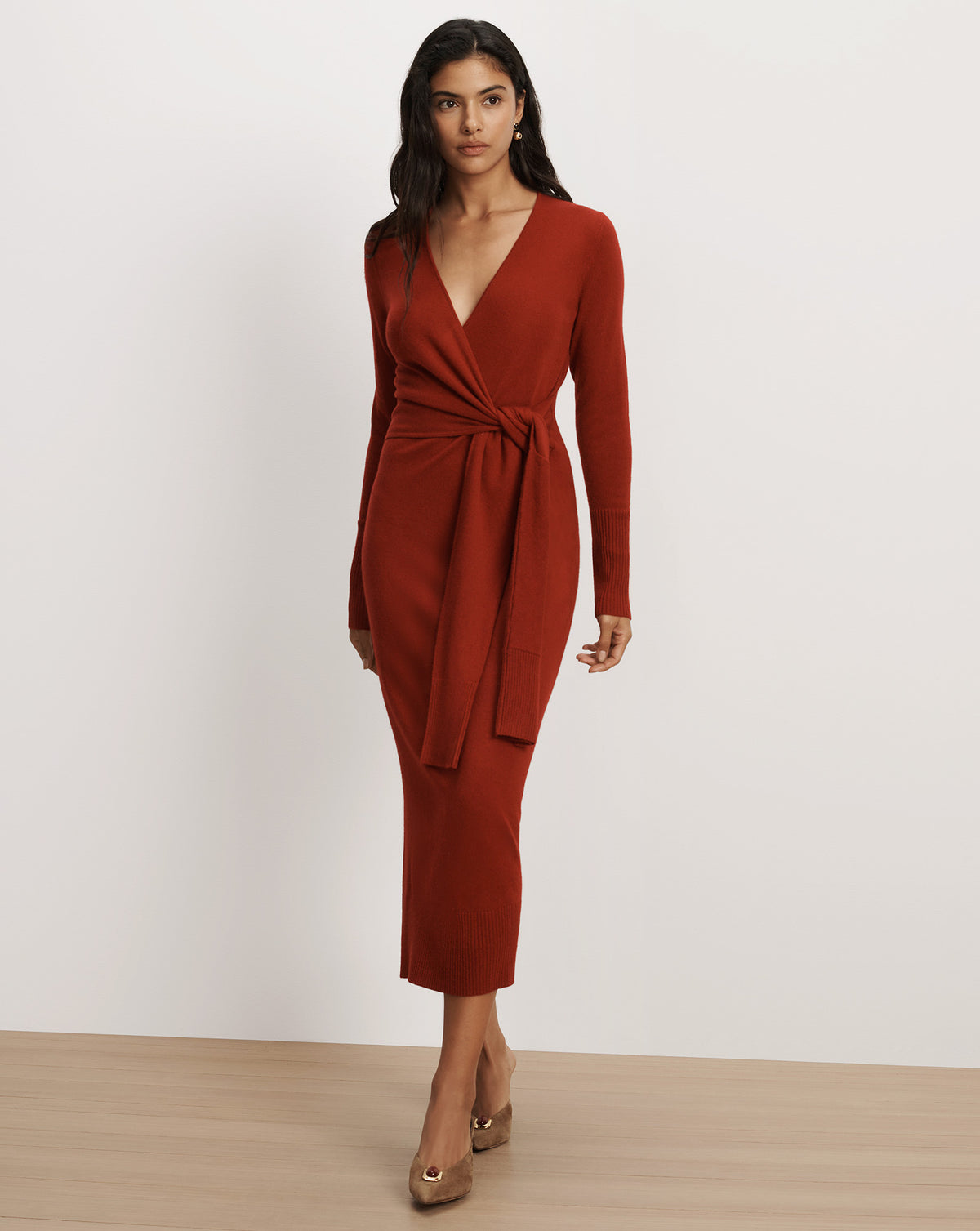 Veronica Beard Red knit midi wrap dress with long sleeves.