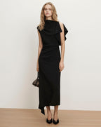 Veronica Beard Black sleeveless midi dress with draped neckline.
