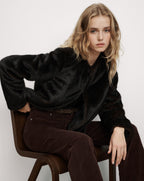 Veronica Beard Black faux fur jacket and brown corduroy pants.