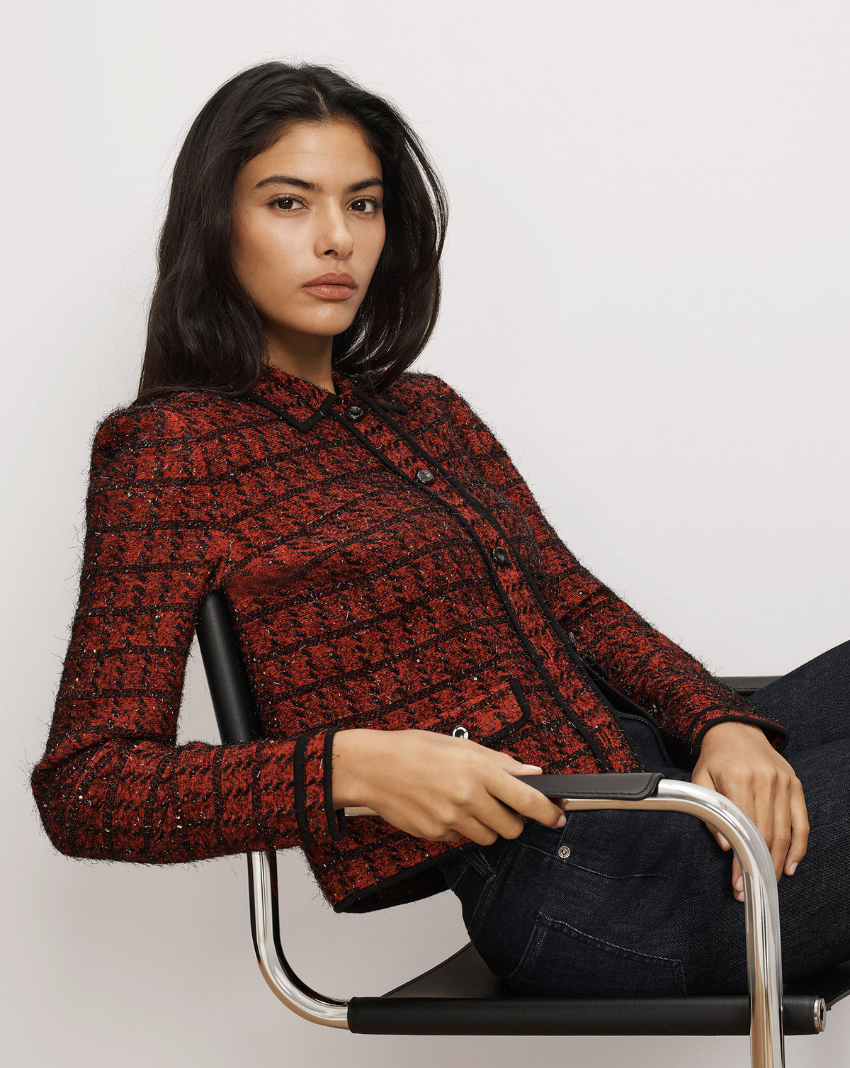 Veronica Beard Red tweed cropped jacket with black trim.