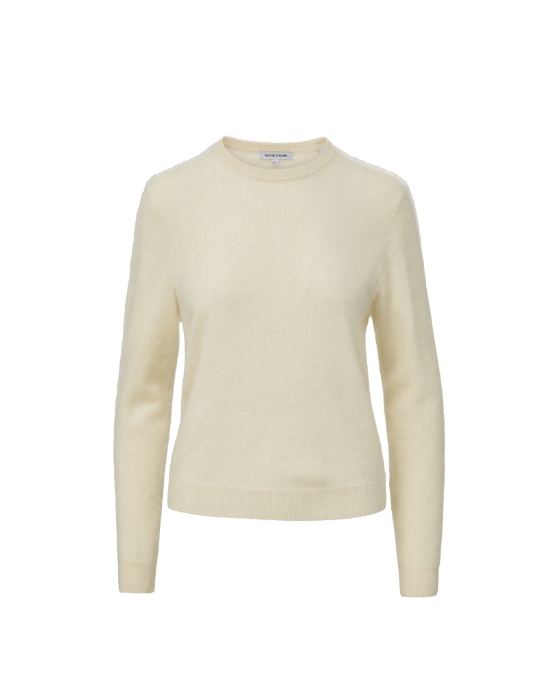 Veronica Beard Cream cashmere crewneck sweater with ribbed trim.