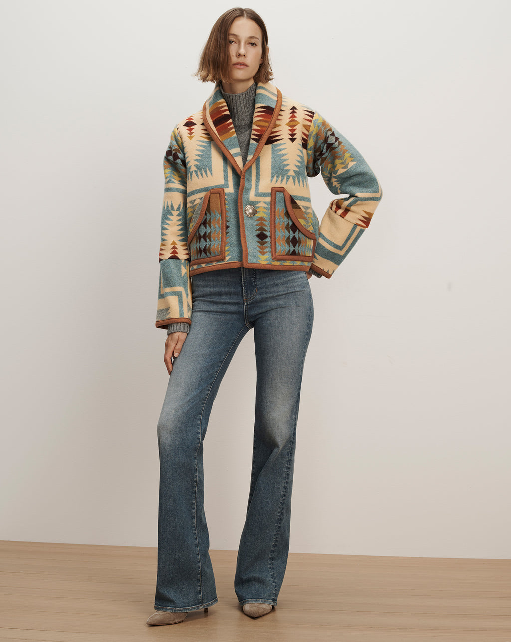 Veronica Beard Multicolor patterned wool jacket with shawl collar.