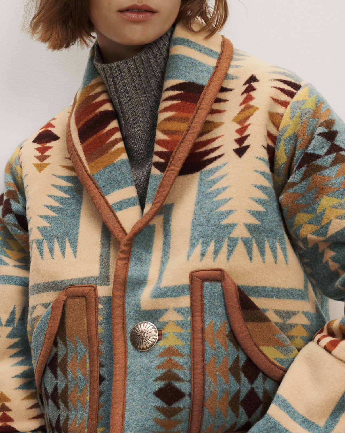 Veronica Beard Multicolor patterned wool shawl-collar coat with button.