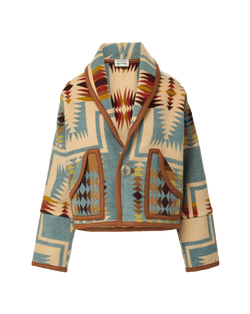 Veronica Beard Multicolor geometric wool cropped jacket with shawl collar.