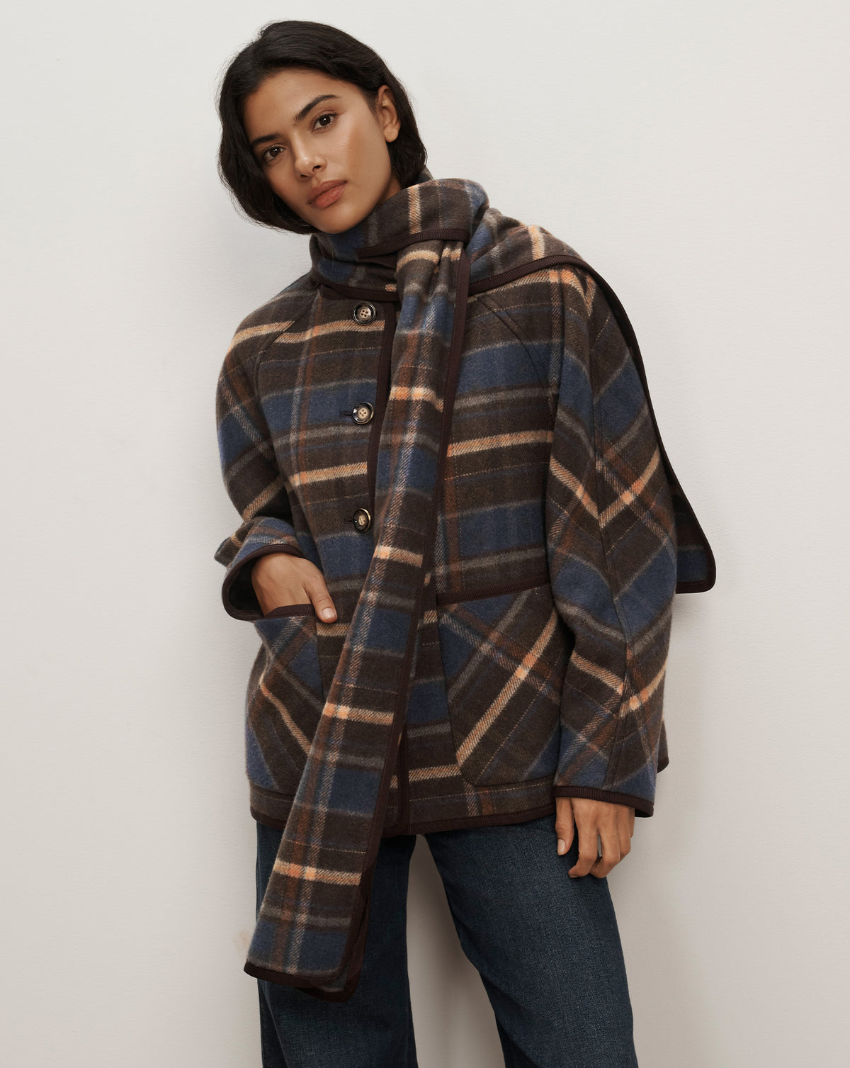 Veronica Beard Brown plaid wool coat and matching scarf.
