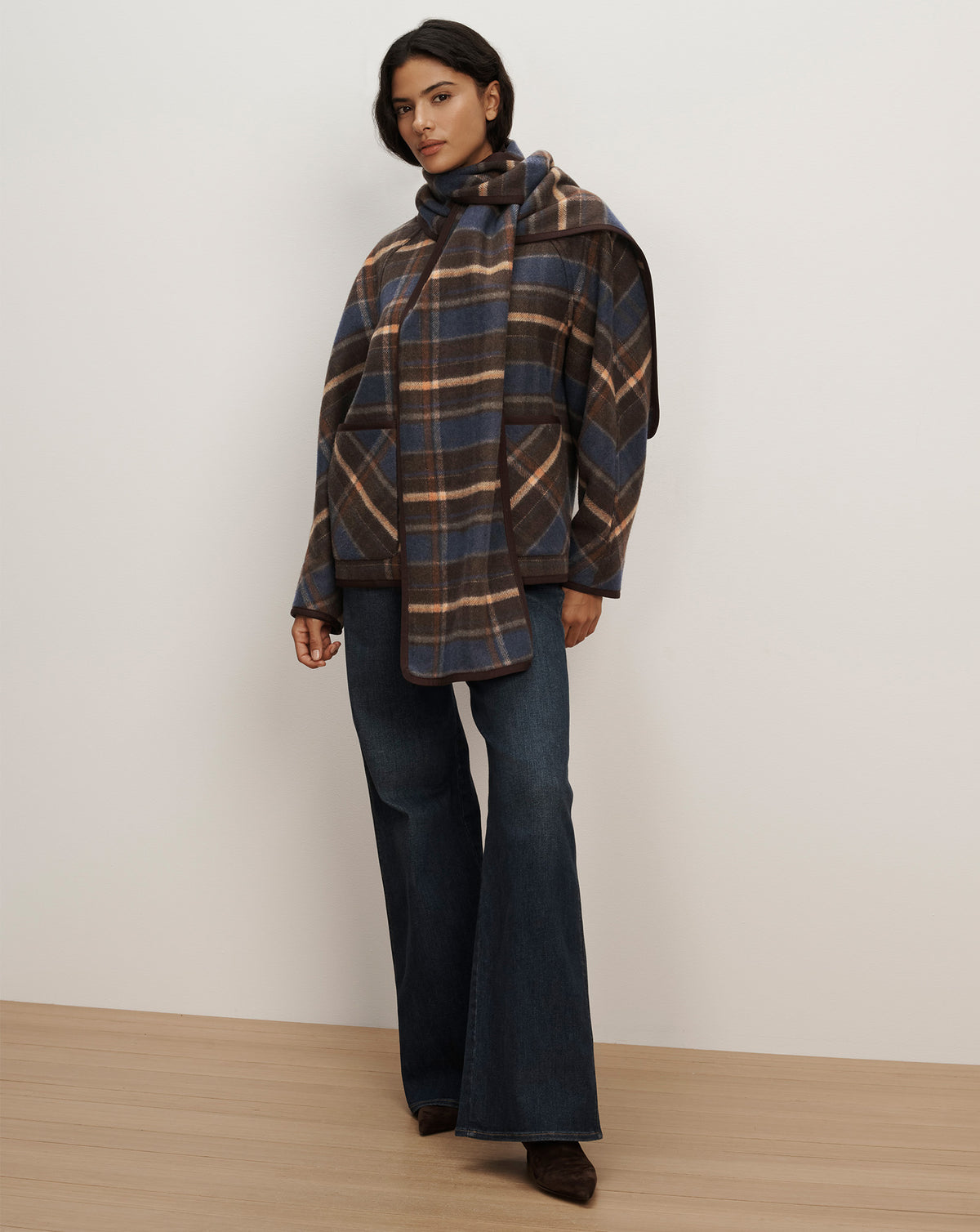 Veronica Beard Blue plaid wool jacket and matching scarf.