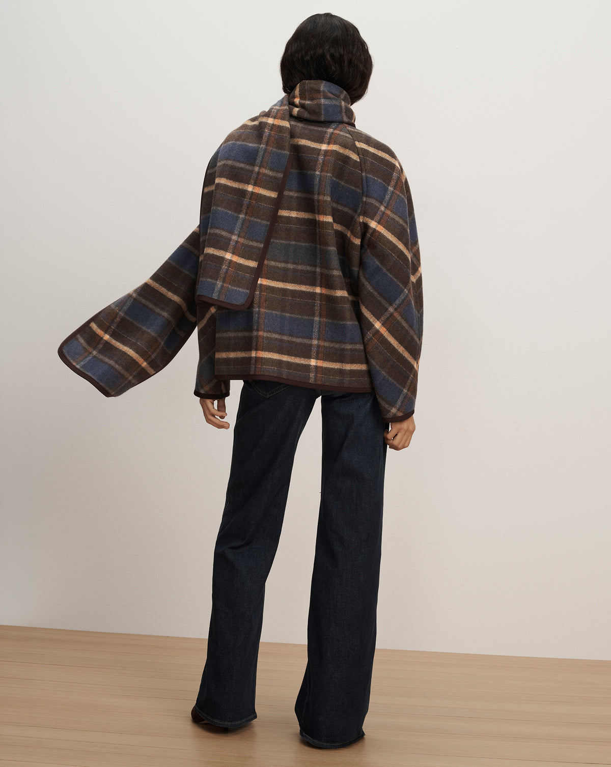 Veronica Beard Blue plaid wool cape with matching scarf.
