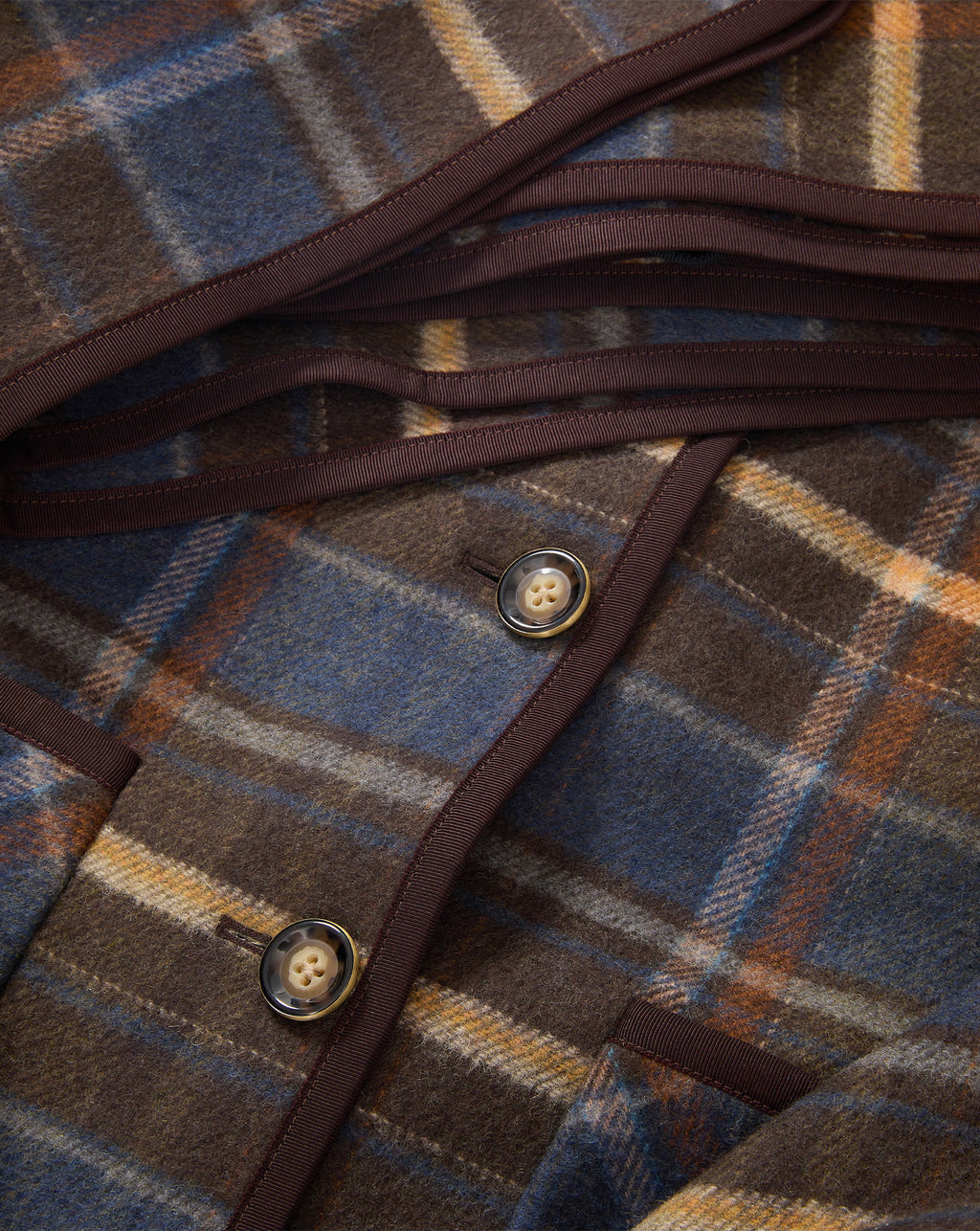 Veronica Beard Brown plaid wool jacket with brown ribbon trim.